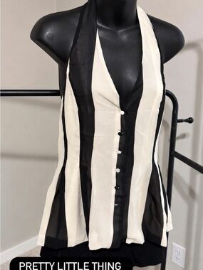 PrettyLittleThing Black and White Vertical Stripe One-Shoulder Halter Dress